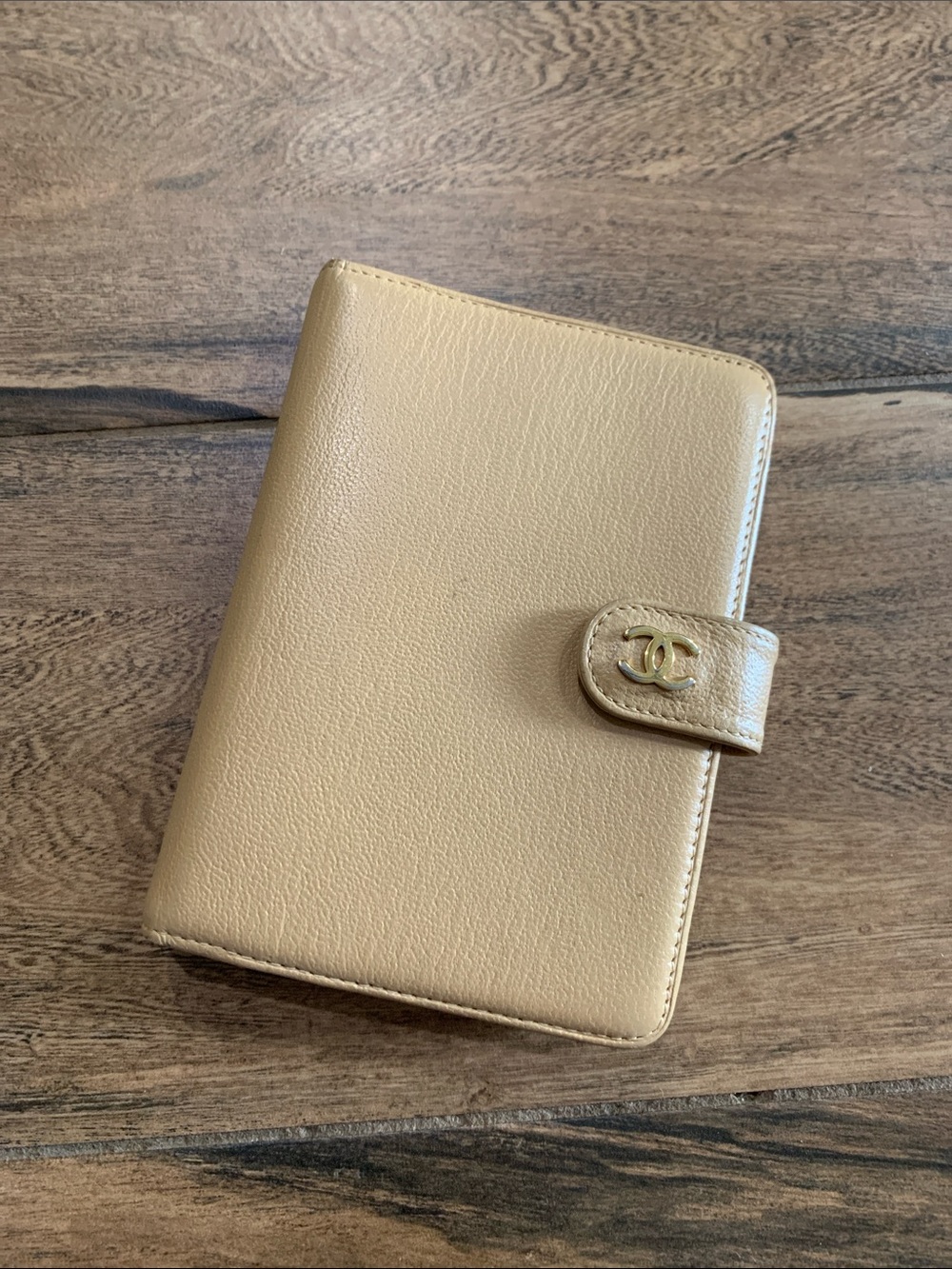 Chanel Tan Beige Gold Leather Agenda Passport Card Holder Wallet Case